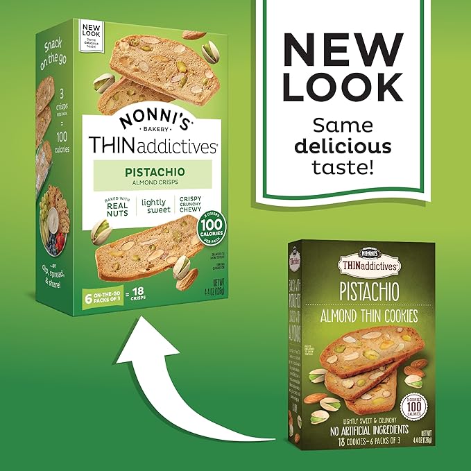 Nonni's THINaddictives Almond Thin Cookies - 3 Boxes Pistachio Almond Cookie Thins - Sweet Crunchy & Chewy Almond Cookies - Biscotti Individually Wrapped Cookies - Kosher Coffee Cookies - 4.4 oz