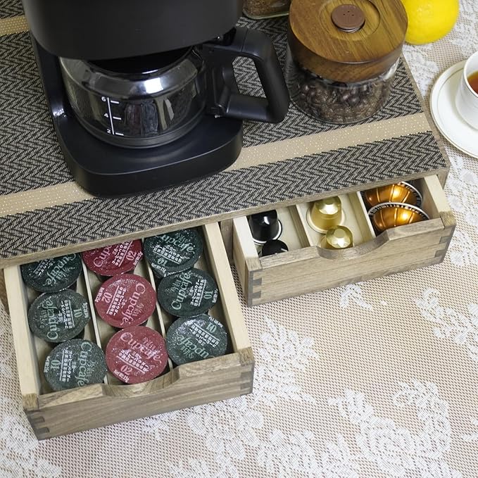 Coffee Pods Storage Drawer Holder for Capsules - Multi Functional Desk Organizer Drawers For K cups Coffee Maker Brew - Kitchen Mini Wooden Box Chest Sideboard Counter Organization CF1D2C Dark
