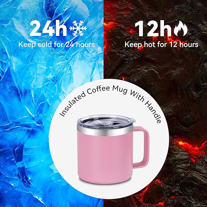 VEGOND 14 oz Insulated Coffee Mug Bulk with Handle, Stainless Steel Travel Coffee Mug with Lid, Double Wall Vacuum Metal Coffee Cup, Coffee Tumbler Powder Coated, Pink 8 Pack
