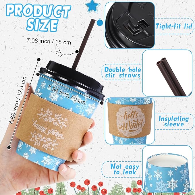 Remerry 100 Sets 400 Pcs 12 oz Christmas Disposable Coffee Cups with Lid, Straws and Sleeves Snowflake Reindeer Snowman Paper Cups Xmas Party Supplies for Hot Drink Cold Beverage(Snowflake Style)