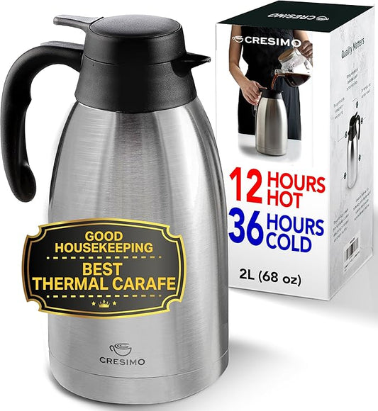 Cresimo Thermal Coffee Carafe 68oz / 2L - 12 Hours Hot Beverage Dispenser, Insulated Stainless Steel Carafe for Liquids, Coffee Carafes For Keeping Hot Water Dispenser for Parties - Large Tea Flask