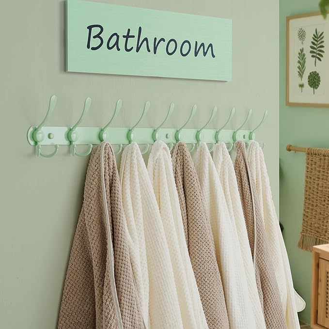 Dseap Coat Rack Wall Mount - 38” Long 10-Tri-Hooks Heavy Duty Coat Hanger Rail Wall Hooks for Hanging Coats Hats Clothing Clothes Purse Mudroom Entryway, Green, Pack of 2