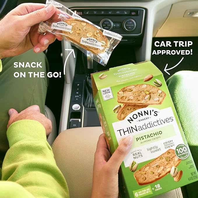 Nonni's THINaddictives Almond Thin Cookies - 3 Boxes Pistachio Almond Cookie Thins - Sweet Crunchy & Chewy Almond Cookies - Biscotti Individually Wrapped Cookies - Kosher Coffee Cookies - 4.4 oz