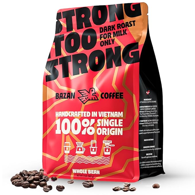 BAZAN COFFEE - Too Strong Robusta Vietnamese Whole Bean Coffee Dark Roast, Single Origin, High Caffeine & Low Acid Coffee, Bold Espresso Coffee Beans for Espresso Lovers, Full Bodied Flavor - 32oz Bag