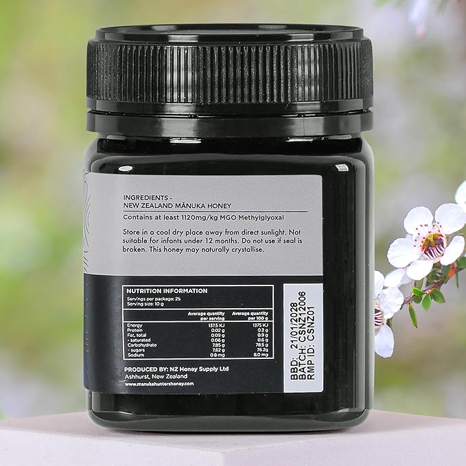 Manuka Hunters UMF 24+/MGO 1120+ Certified New Zealand Manuka Honey - 100% Pure Natural Sweetener - Gluten, Dairy Free - Ideal for Tea, Coffee, Smoothies, and Baking - Sustainable - 8.8oz/250g Jar