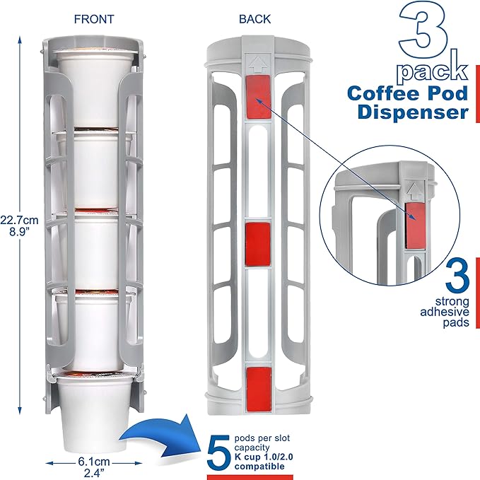 STORAGENIE Coffee Pod Holder Side Mount K Cup Pods Dispenser compatible with Keurig Coffee Makers, Perfect for Small Counters (3 Pack/For 15 K-Cups, LIGHT GREY)