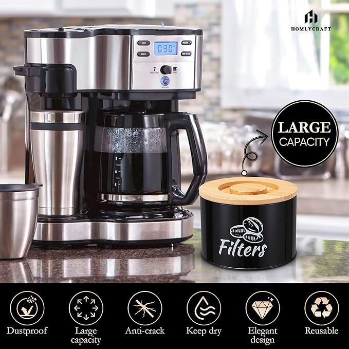 Coffee Filter Holder with Bamboo Lid – Filter Storage Organizer for Cone & Round Filters – Rustic Coffee Bar Container for Counter, Kitchen or Cafe Decor (Black).