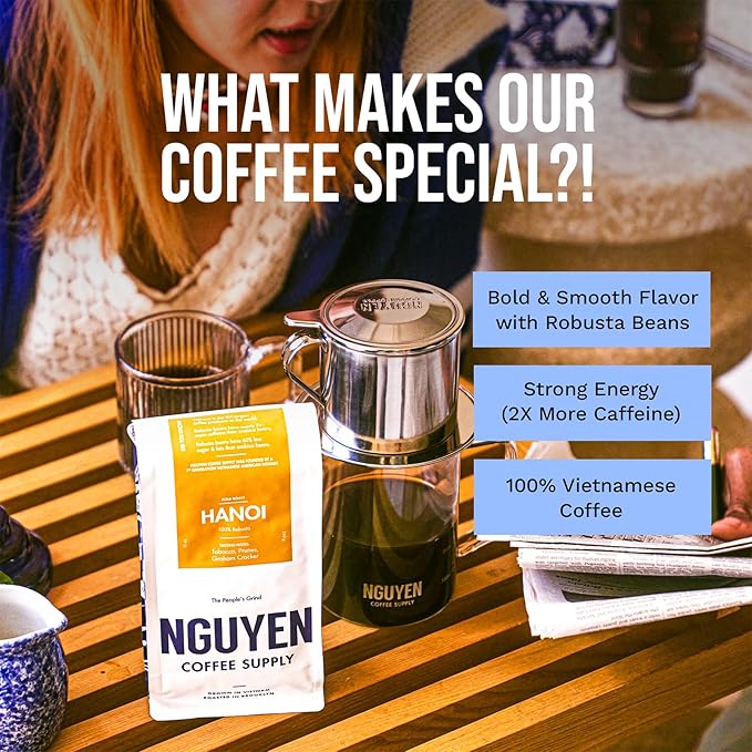Nguyen Coffee Supply - Hanoi Robusta: Dark Roast Premium Ground Coffee Beans, Vietnamese Single Origin, Direct Trade, Low Acid with High Caffeine Content, Roasted in Brooklyn [12 oz Bag]