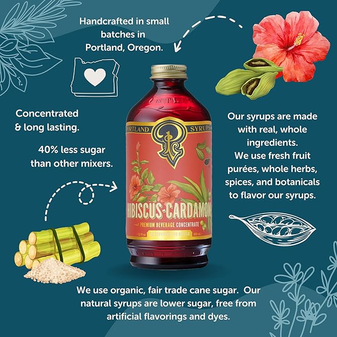 Portland Syrups Hibiscus Cardamom Syrup - Craft Exquisite Cocktails, Mocktails, Tea, Soda, Coffee Drinks, and More - 12 oz with 12 Servings (Pack of 1)
