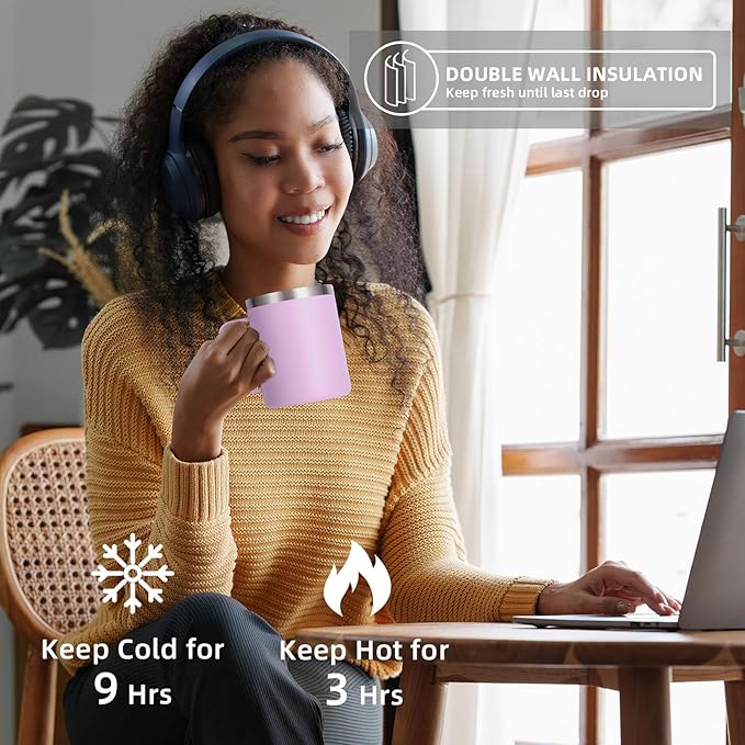 Volhoply 12oz Insulated Leakproof Coffee Mug with Flip & Straw Lid Bulk 4 Pack,Double Wall Vacuum Stainless Steel Travel Tumbler Cup with Handle,Camping Mugs Keep Cold/Hot(Purple,4 Set)