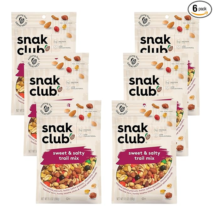 Snak Club Sweet and Salty Trail Mix with Peanuts, Butter Toffee Peanuts, Chocolatey Candies, Toasted Corn, Honey Sesame Sticks, and Almonds, Kosher Snack, 5.5 oz Resealable Bags, 6 Pack