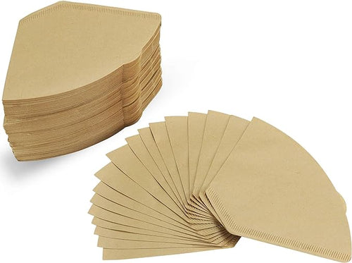 Stack and fanned spread of unbleached brown paper coffee filters with flat bottom design
