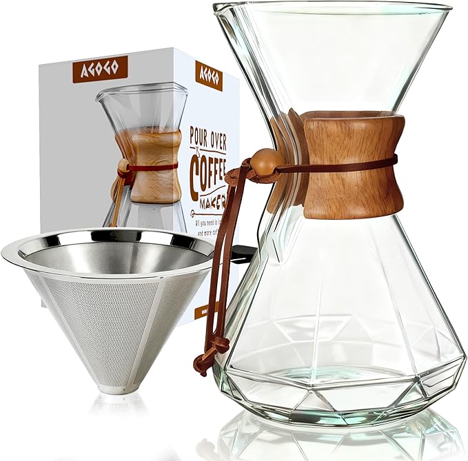 AGOGO Pour Over Coffee Maker Glass - 6/8/10 Cup Barista Kit with 304 Stainless Filter for Home, Office, Camping, Cafes - Easy Clean Coffee Dripper Set (Rag&Brush Included) (10 Cup/34 oz-Diamond Shape)