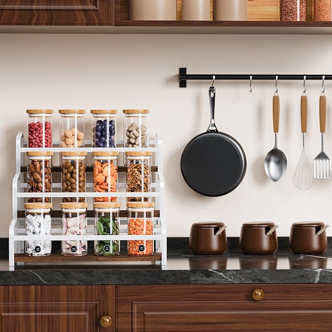 Coffee Syrup Rack Organizer, Wine Racks, Spice Racks, 3-Tier (Magnetic Connection) 12 Bottles Storage Shelves for Syrup Bottle Holder Stand for Coffee Bar, Kitchen Countertop, Rustic Brown & White