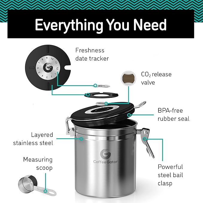 Coffee Gator Stainless Steel Canister - Medium 16oz, Gray Coffee Grounds and Beans Container with Date-Tracker, CO2-Release Valve, and Measuring Scoop - Ideal Coffee Lovers Gifts