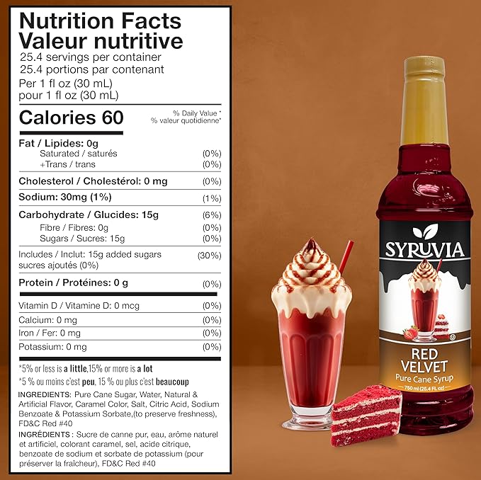 Syruvia Coffee Syrup, Red Velvet Flavored Syrup for Drinks, Lattes, and Desserts – 25.4 fl oz,