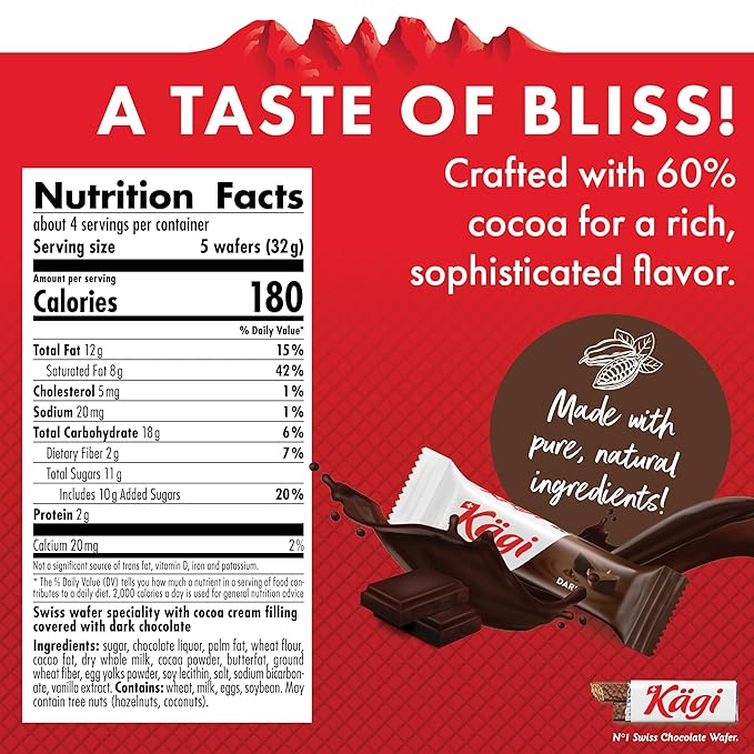 Swiss Dark Chocolate Covered Mini Wafers by Kägi, Crispy Coated Sweet Snacks, Premium Individually Wrapped, 3 Pack, 125g