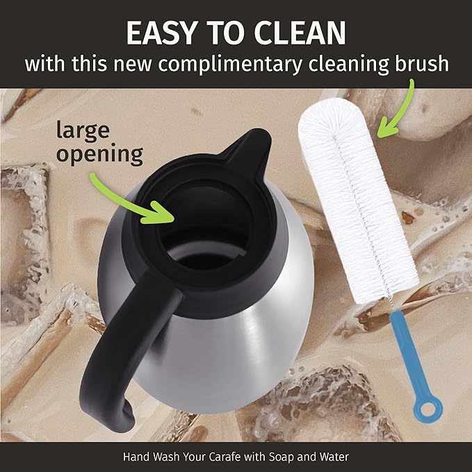 Thermal Coffee Carafe with Cleaning Brush - 68 oz / 2L, 24 Hours Cold or 12 Hours Hot Water Dispenser, Carafe for Hot Liquids - Insulated Stainless Steel Coffee Urn - Easy Use Tea Dispenser - Cresimo