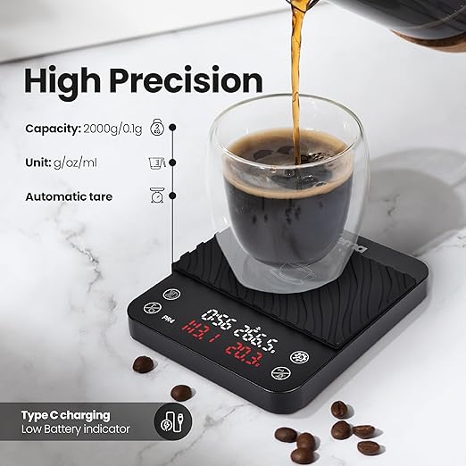 TRILEMA Espresso Scale - Rechargeable Coffee Scale with Timer, 0.1g Precision, Small Scale for Pour-Over & Espresso, Essential Espresso Accessories for Baristas & Home Brewing