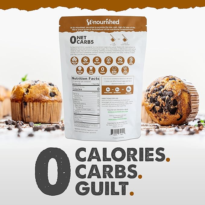 So Nourished GOLD Brown Sugar Alternative Substitute 1:1 Sugar Replacement - Monk Fruit Erythritol Sweetener for Low Carb Dieters and Diabetics - No Calorie Sweetener, Non-GMO (5 Pounds)