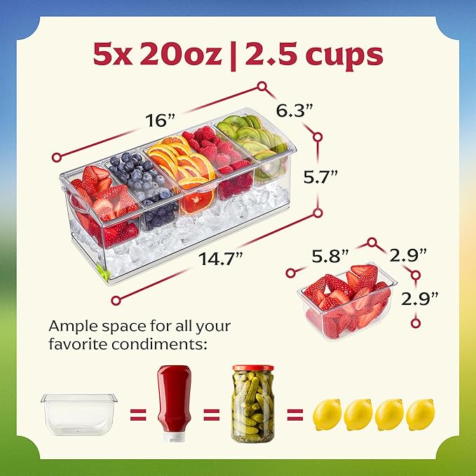 Honeyera Chilled Condiment Server | Hosting Essentials for Up to 80 Oz of Ice | Mimosa Bar Supplies Drain Plug | BPA-Free Taco Bar/Salad Bar | Food-Safe Condiment Caddy (Parent) (Gray, 1 Pack)