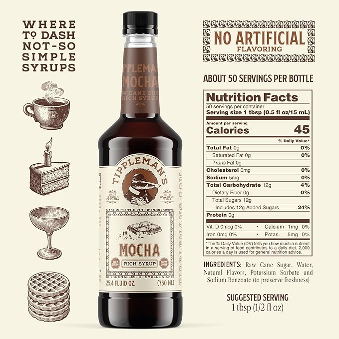 Tippleman's Mocha Coffee Syrup - Rich Flavor for Hot or Iced Drinks, Latte, Tea, Espresso, Cappuccino, Cocktails, & Baking - 25.4 Fl Oz