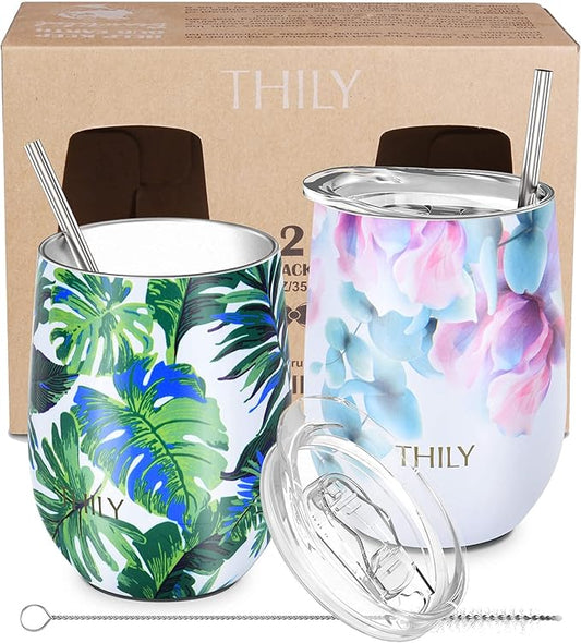 THILY Vacuum Insulated Stemless Wine Tumbler 12 oz Stainless Steel Wine Glass with Lid and Straw, Keep Cold or Hot for Coffee, Cocktails, Christmas Birthday Gift, 2 Pack(Green Plants + Pink Lilies)