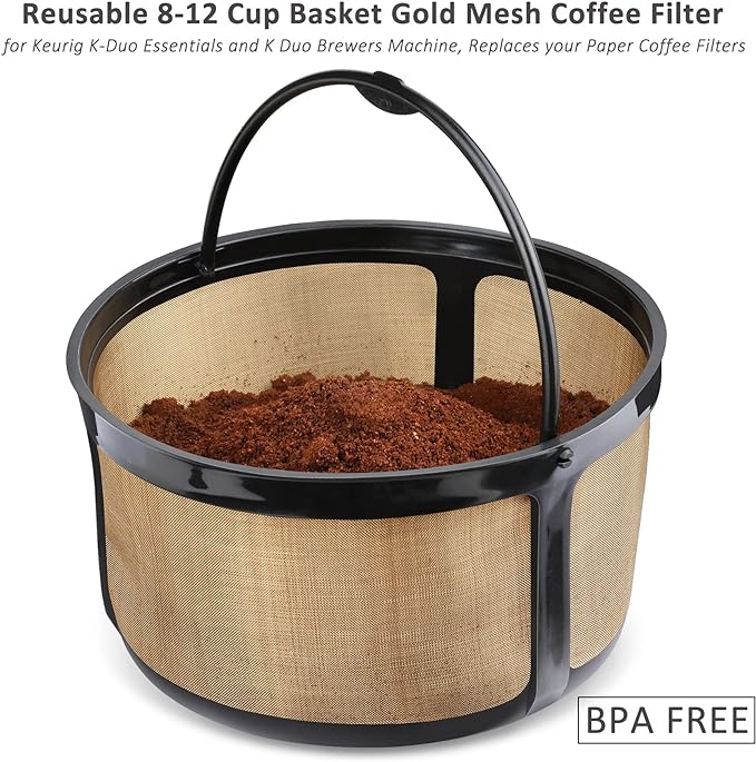 Reusable 8-12 Cup Basket Gold Mesh Coffee Filter for Keurig K-Duo Essentials and K Duo Brewers Machine, Replaces your Paper Coffee Filters, BPA Free (1 Pack)
