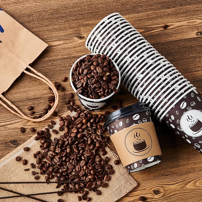 JOLLY PARTY 10oz(100 Pack) Disposable Coffee Cups with Lids, Sleeves and Straws - Paper Coffee Cups with Lids, Hot Cups for Shops, Cafes, and Concession Stands(Dark Brown)