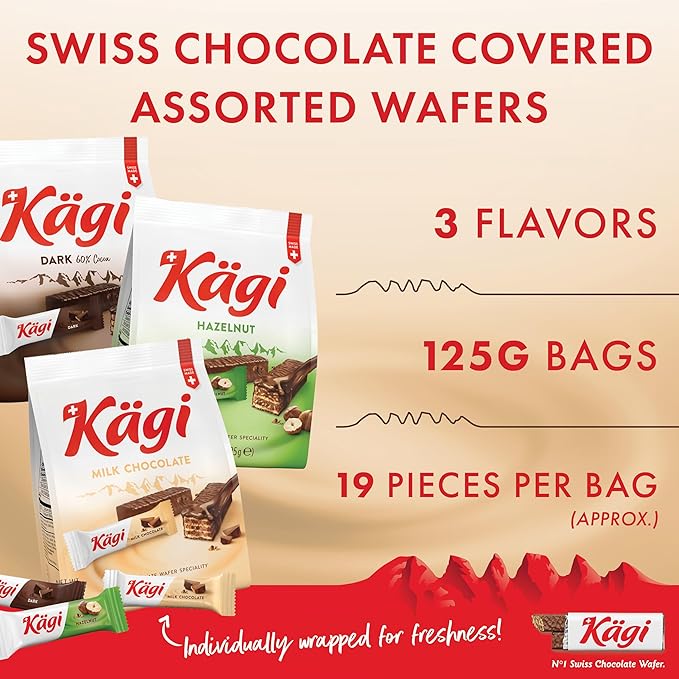 Swiss Chocolate Covered Wafers Variety Pack by Kägi, Crispy Coated Dessert Snacks, Premium Individually Wrapped Treats, Gift Bag, Classic, Dark, and Hazelnut Flavors, 3 pack of 125g Bags