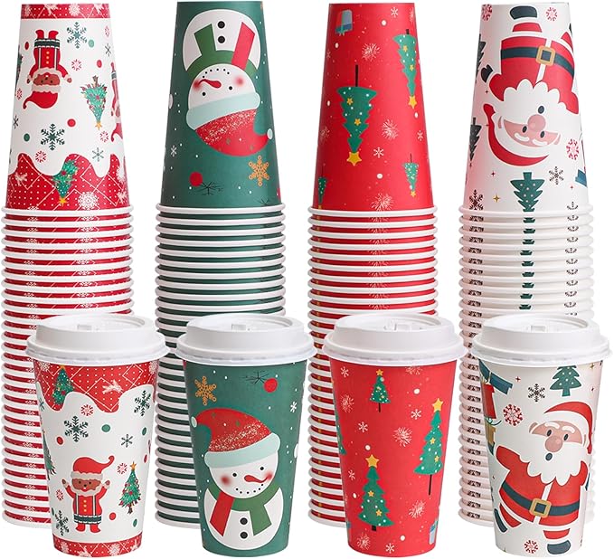 SIUQ 100 Pack 16 oz Christmas Disposable Coffee Cups with Lids, Thickened Christmas Paper Cups for Hot/Cold Beverage, Tea, Coffee, Hot Chocolate, Xmas Party Cups Ideal for Home, Cafes, Store, Holiday