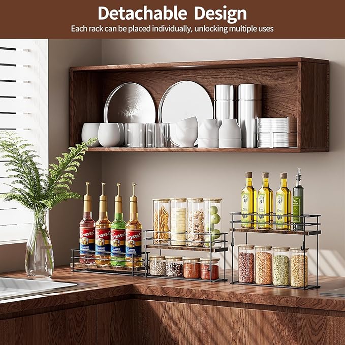 Nuovoware Coffee Syrup Organizer, 3-Tier 12 Bottles Bar Organizer, Separable Metal Rack with Wooden Base Whiskey Wine Dressing for Countertop Kitchen Coffee Bar, Black