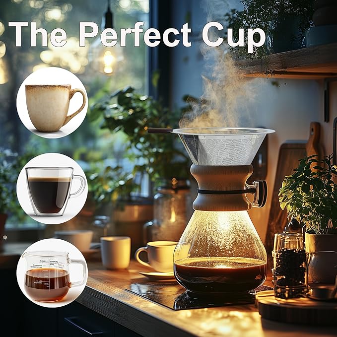 Pour Over Coffee Dripper, Pour-over Filters with 800 Mesh Steel Mesh Optimize Extraction For Rich Coffee Flavor, Stainless Steel Filter, Paperless Pour-over