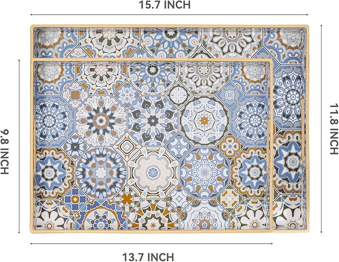 2 Pcs Serving Tray with Handles Bohemian Decorative Tray Large Ottoman Trays for Living Room Blue Coffee Table Trays for Breakfast