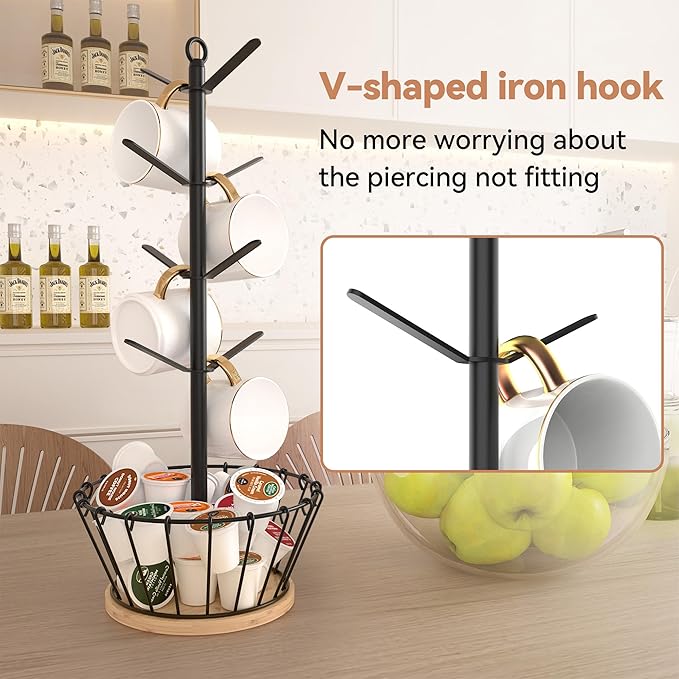 simesove Coffee Cup Holder with Basket, Non-Slip Cup Tree with 8 Hooks for K-Cups and Saucers, Wooden Stand Organizer for Counters, Bars and Kitchen Home Decor (Natural)