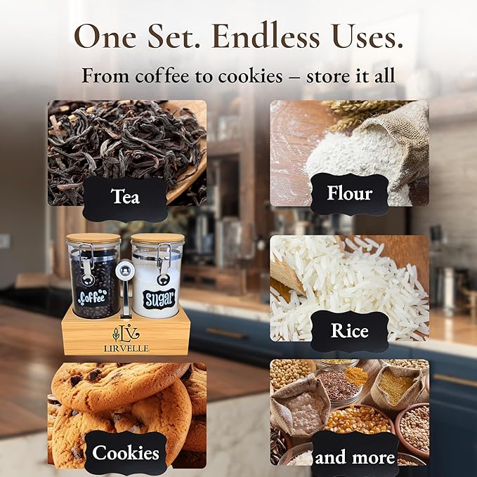 Airtight Coffee Canister with Scoop | Curated Glass Storage Set for Beans, Grounds & Sugar | 9-Piece Ritual Organizer with Bamboo Base, Versatile Artisan Spoon, Labels & Cleaning Brush