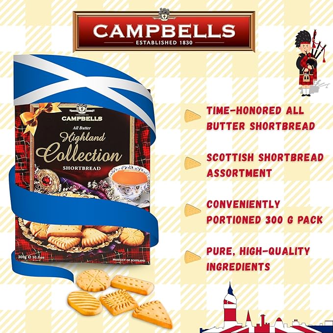 Campbells Shortbread All-Butter Highland Collection Cookies Assortment 10.58 Oz (300g) - Scottish Shortbread Cookies from Scotland, Assorted Gift Box, British Tea Biscuits, Gourmet Scottish Snacks