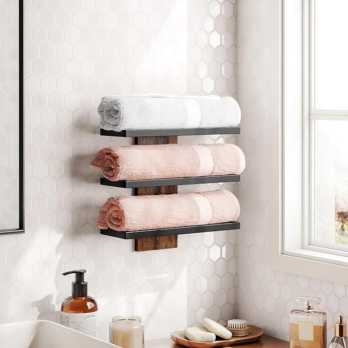 Hoctieon 3-Tier Wall Mount Wine Rack Set (6 Bottles), Wall Mounted Wine Bottle Racks for Display and Storage, Hanging Bottle Holder, for Living Room, Dining Room, Bar, Wine Cellar, Rustic Brown