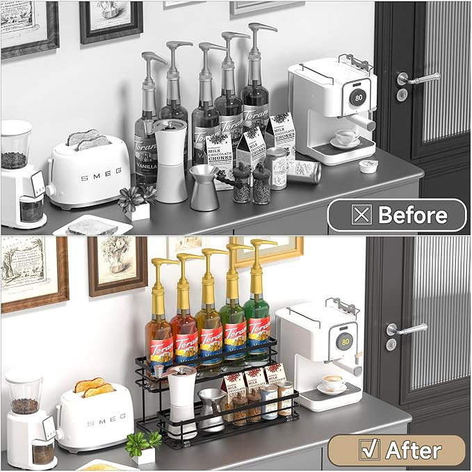 Coffee Syrup Rack Organizer, Syrup Bottle Holder Stand for Coffee Bar, 2-Tier 10 Bottles Storage Shelves for Syrup, Wine, Dressing for Kitchen Countertop (10 Bottles Black)