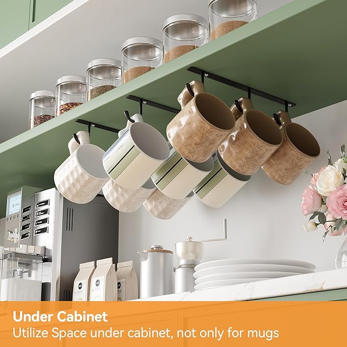 ECROCY Coffee Mug Holder Under Cabinet, Easy Screw Mounting, 3 Pack Mug Rack with Wide Hook Spacing, Sturdy Mug Hooks Space-Saving