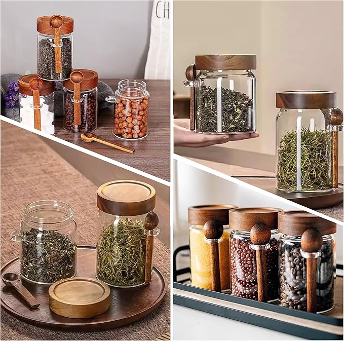4 Pack 18 oz/550 ml Glass Storage Canister with Airtight Wooden Lid, Clear Small Decorative Container Jar with Spoon for Salad Overnight Oats Snacks Yogurt Cereal Fruit Spice Sugar Coffee