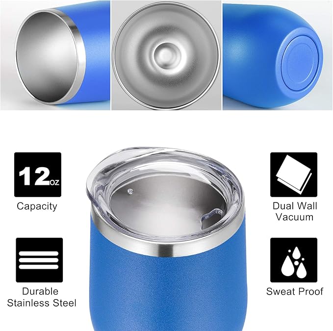 VEGOND Wine Tumblers Bulk 12 Pack, 12oz Stainless Steel Stemless Wine Glass with Lids and Straws, Double Wall Vacuum Insulated Tumbler Cup, Coffee Mug for Cold Hot Drinks