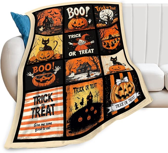Halloween Blanket, Pumpkin Black Cat Fleece Flannel Throw Blanket, Trick or Treat Soft Lightweight Stuff Throws Gifts for Women Men Boys Girls Lovers Adults Lovers Sofa Decor 80"x60"