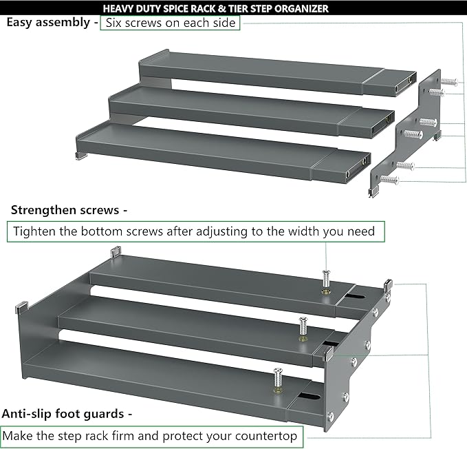 Spice Rack Organizer for Cabinet, 3 Tier Expandable Spices Storage, Great for Kitchen Cabinets, Cupboard,Pantry and Countertop More(Gun-Gray, 2 PACKS/GUN-GRAY)