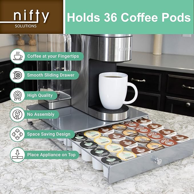 Nifty Coffee Pod Drawer - Silver Finish, Compatible with K-Cups, 36 Pod Pack Holder, Non-Rolling, Compact Under Coffee Pot Storage Sliding Drawer, Slim Home Kitchen Counter Organizer