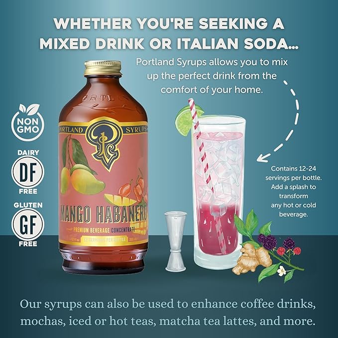 Portland Syrups Mango Habanero Syrup - Bold Mango Flavor with a Fiery Habanero Kick - Premium Beverage Concentrate for Cocktails, Mocktails, Tea, and More - 12 oz with 12 Servings (Pack of 1)