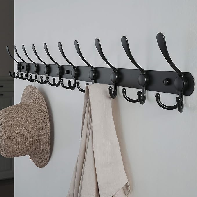 Dseap Coat Rack Wall Mount - 38” Long 10-Tri-Hooks Heavy Duty Coat Hanger Rail Wall Hooks for Hanging Coats Hats Clothing Clothes Purse Mudroom Entryway, Black, Pack of 2