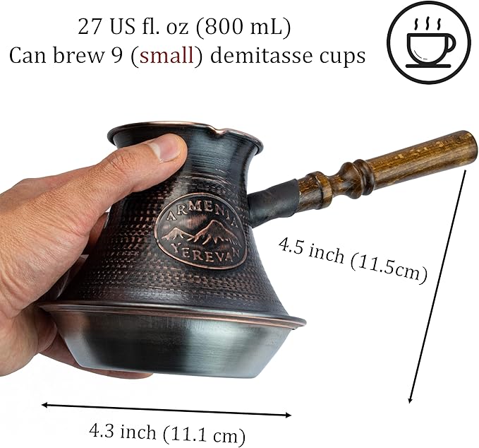 Handmade Armenian Coffee Pot Maker 27 Fl Oz (800ml) Induction Copper Jazva Ararat Turkish Arabic Greek Cezve Jezve Ibrik Turka Jazve Wooden Handle