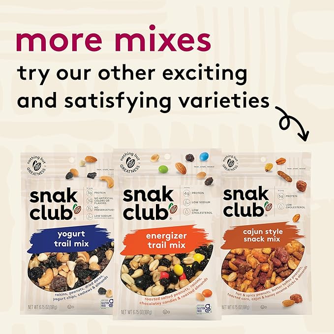 Snak Club Sweet and Salty Trail Mix with Peanuts, Butter Toffee Peanuts, Chocolatey Candies, Toasted Corn, Honey Sesame Sticks, and Almonds, Kosher Snack, 5.5 oz Resealable Bags, 6 Pack