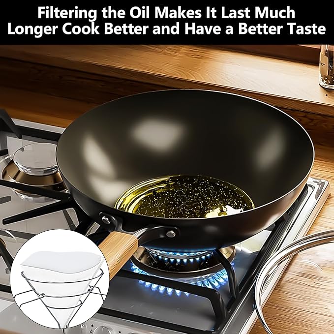 10" Oil Fryer Filters & Oil Strainer Stand | Maple Syrup Filter Holder with 25 Pcs Filter Paper - Commercial Cone Filter for Kitchens, Restaurants, Food Trucks